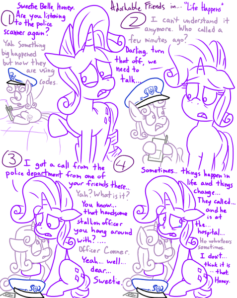 Size: 1280x1611 | Tagged: safe, artist:adorkabletwilightandfriends, derpibooru import, rarity, sweetie belle, oc, oc:officer conner, pony, comic:adorkable twilight and friends, adorkable friends, comic, crying, cute, feels, hat, hug, innocent, lineart, nostril flare, peaked cap, police, ponyville police, sad, simple background, slice of life