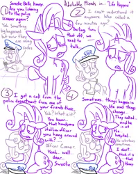 Size: 1280x1611 | Tagged: safe, artist:adorkabletwilightandfriends, derpibooru import, rarity, sweetie belle, oc, oc:officer conner, pony, comic:adorkable twilight and friends, adorkable friends, comic, crying, cute, feels, hat, hug, innocent, lineart, nostril flare, peaked cap, police, ponyville police, sad, simple background, slice of life