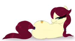 Size: 1399x767 | Tagged: artist:prettypinkpony, back, butt, derpibooru import, draw me like one of your french girls, female, hairband, lidded eyes, looking at you, lying down, oc, oc:short shift, plot, ponytail, side, solo, suggestive, tail wrap, unofficial characters only