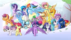 Size: 1920x1080 | Tagged: safe, artist:vanillaghosties, derpibooru import, apple bloom, applejack, coco pommel, coloratura, fluttershy, maud pie, moondancer, octavia melody, pinkie pie, princess cadance, princess celestia, princess luna, rainbow dash, rarity, scootaloo, spike, spitfire, starlight glimmer, sunset shimmer, sweetie belle, trixie, twilight sparkle, twilight sparkle (alicorn), vinyl scratch, alicorn, dragon, earth pony, pegasus, pony, unicorn, counterparts, cute, cutie mark, cutie mark crusaders, female, filly, group, male, mane seven, mane six, mare, royal sisters, scootaloo can fly, snow, the cmc's cutie marks, trixie's hat, twilight's counterparts, wall of tags, wallpaper