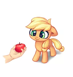 Size: 2171x2273 | Tagged: safe, artist:inowiseei, derpibooru import, part of a set, applejack, human, apple, cute, female, filly, floppy ears, food, heart eyes, jackabetes, offscreen character, offscreen human, simple background, solo, that pony sure does love apples, white background, wingding eyes, younger