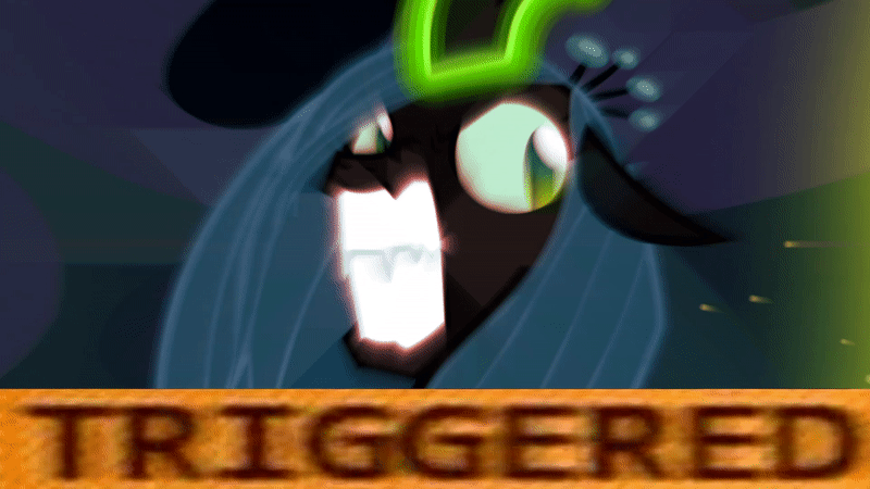 Size: 800x450 | Tagged: angry, animated, changeling, changeling queen, derpibooru import, edit, edited screencap, editor:moonatik, fangs, female, gif, glare, glowing horn, gritted teeth, magic, meme, nose wrinkle, queen chrysalis, reaction image, safe, screencap, seizure warning, solo, to where and back again, triggered, vibrating
