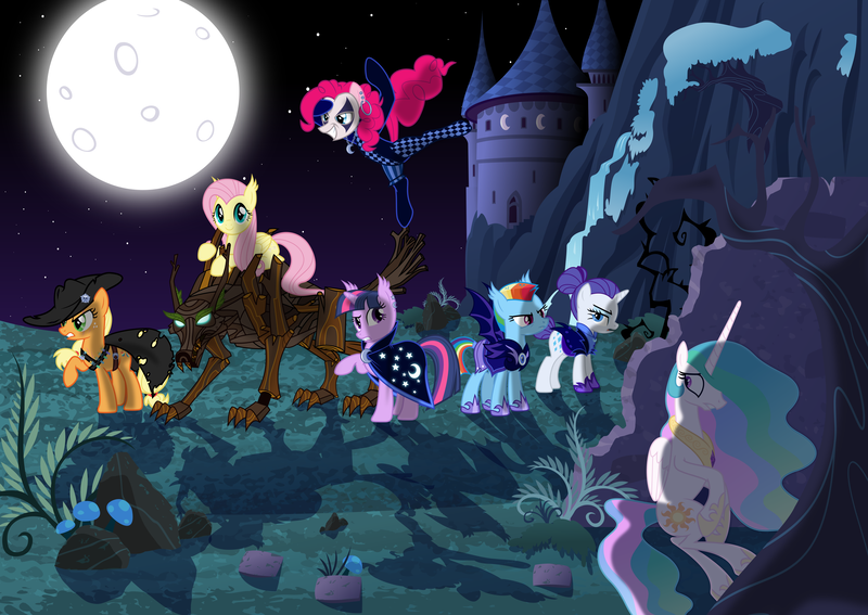 Size: 6000x4253 | Tagged: safe, artist:magister39, derpibooru import, applejack, fluttershy, pinkie pie, princess celestia, rainbow dash, rarity, twilight sparkle, bat pony, pony, timber wolf, absurd resolution, alternate timeline, alternate universe, castle, mane six, moon, mushroom, night, nightmare takeover timeline, nightmareverse, race swap, scenery, stars, twibat, vector