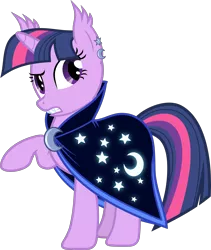 Size: 5074x6000 | Tagged: safe, artist:magister39, derpibooru import, twilight sparkle, bat pony, pony, absurd resolution, alternate universe, apprentice, cape, clothes, fangs, nightmareverse, race swap, raised hoof, simple background, solo, transparent background, twibat, vector