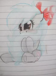 Size: 3120x4208 | Tagged: safe, artist:elisdoominika, derpibooru import, oc, oc:sweet elis, unofficial characters only, earth pony, pony, bow, cute, floppy ears, hair bow, lined paper, pencil, pencil drawing, solo, traditional art