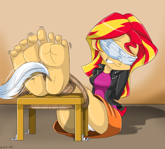 Size: 1726x1560 | Tagged: questionable, artist:gaggeddude32, derpibooru import, sunset shimmer, equestria girls, barefoot, blindfold, bondage, clothes, commission, feather, feet, female, fetish, foot fetish, foot focus, giggling, hands behind back, jacket, leather jacket, legs tied, panties, skirt, skirt lift, soles, solo, solo female, stool, table, thighs, tickle fetish, tickle torture, tickling, toes, underwear, upskirt, white underwear