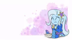 Size: 768x432 | Tagged: safe, artist:ponut_joe, derpibooru import, trixie, equestria girls, boots, clothes, crackers, cute, diatrixes, eating, eyes closed, female, food, hoodie, peanut butter, peanut butter crackers, simple background, sitting, skirt, smiling, solo, that human sure does love peanut butter crackers, white background