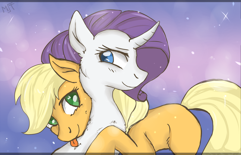 Size: 1091x699 | Tagged: safe, artist:sango-mt, derpibooru import, applejack, rarity, female, lesbian, licking, rarijack, shipping, tongue out