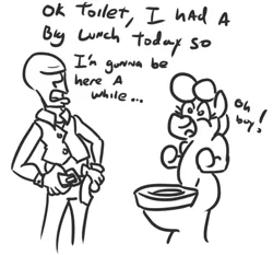 Size: 873x814 | Tagged: artist:jargon scott, black and white, but why, derpibooru import, dialogue, grayscale, human, monochrome, object pony, oc, oc:anon, oc:kohlette, original species, ponified, safe, simple background, smiling, toilet, toilet pony, unofficial characters only, wat, white background
