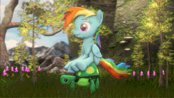 Size: 660x371 | Tagged: safe, artist:gen-ma, derpibooru import, rainbow dash, tank, pegasus, pony, 3d, animated, ear twitch, female, forest, gif, grass, mare, sitting, smiling, source filmmaker, tree