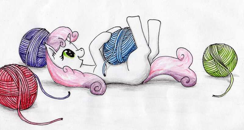 Size: 3257x1742 | Tagged: artist:40kponyguy, behaving like a cat, cute, derpibooru import, diasweetes, happy, on back, safe, simple background, solo, sweetie belle, traditional art, yarn, yarn ball