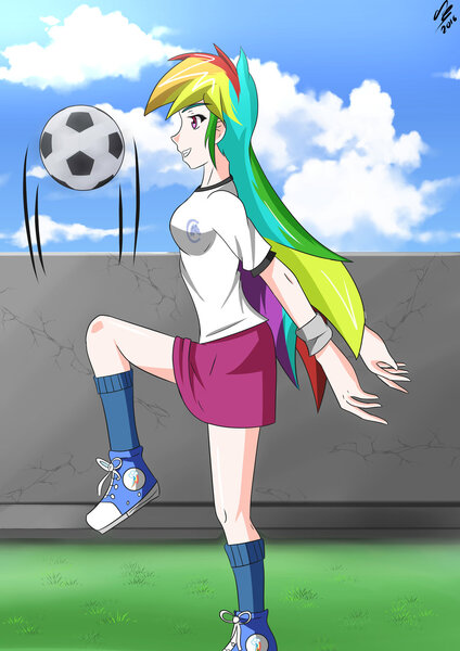 Size: 1024x1448 | Tagged: safe, artist:achaoticdotstar, derpibooru import, rainbow dash, equestria girls, anime, anti-gravity boobs, bouncing, clothes, converse, football, generic, human coloration, shiny, shoes, sneakers, socks, solo