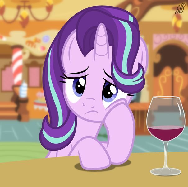 Size: 2640x2620 | Tagged: safe, artist:dashiesparkle, artist:slb94, derpibooru import, starlight glimmer, pony, unicorn, alcohol, bored, confound these ponies, female, lonely, mare, show accurate, solo, tired, wine, wine glass