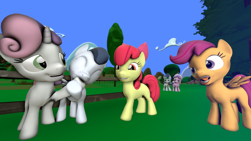 Size: 3840x2160 | Tagged: 3d, apple bloom, artist:viranimation, cutie mark crusaders, derpibooru import, diamond tiara, disgusted, hoof fetish, hoof sucking, male, rumbelle, rumble, scootaloo, shady daze, shipping, source filmmaker, straight, suggestive, sweetie belle