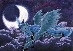 Size: 1920x1333 | Tagged: artist:kittyhawk-contrail, cloud, crescent moon, derpibooru import, flying, magic, moon, night, princess luna, safe, solo, traditional art