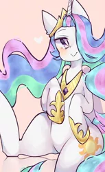 Size: 1178x1920 | Tagged: safe, artist:friskyfrisks, artist:ms-xana, derpibooru import, princess celestia, alicorn, pony, blushing, colored pupils, crown, cute, cutelestia, female, hair over one eye, heart, hoof shoes, jewelry, mare, pink background, regalia, simple background, solo