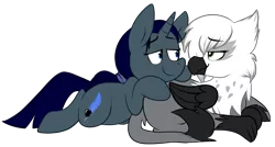 Size: 1398x748 | Tagged: safe, artist:acstlu, derpibooru import, oc, oc:eraclea, oc:inkblot, unofficial characters only, gryphon, pony, unicorn, cuddling, cute, eye contact, female, griffon oc, leaning, lesbian, lidded eyes, looking at each other, mare, prone, simple background, smiling, transparent background