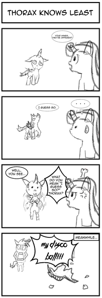 Size: 713x2070 | Tagged: 4koma, angry, artist:chiptunebrony, black and white, changeling, comic, comic strip, derpibooru import, disco ball, dots, grayscale, horrified, jaw drop, monochrome, safe, shattered glass, shock, starlight glimmer, steam, sweat, sweatdrop, thorax, thought bubble, title, to where and back again, vein, vinyl scratch, wings