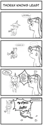 Size: 713x2070 | Tagged: 4koma, angry, artist:chiptunebrony, black and white, changeling, comic, comic strip, derpibooru import, disco ball, dots, grayscale, horrified, jaw drop, monochrome, safe, shattered glass, shock, starlight glimmer, steam, sweat, sweatdrop, thorax, thought bubble, title, to where and back again, vein, vinyl scratch, wings