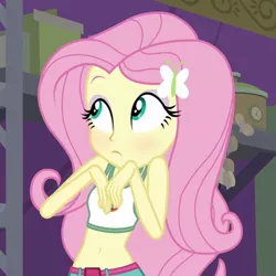 Size: 580x580 | Tagged: safe, derpibooru import, edit, edited screencap, editor:ah96, screencap, fluttershy, equestria girls, legend of everfree, adorasexy, belly button, blushing, camp everfree outfits, clothes, cropped, cute, midriff, shyabetes, solo, sports bra