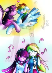 Size: 857x1200 | Tagged: safe, artist:shikimaakemi, derpibooru import, rainbow dash, twilight sparkle, twilight sparkle (alicorn), equestria girls, blushing, boop, cute, eyes closed, female, floppy ears, heart, lesbian, music, my little squishy, nose wrinkle, noseboop, obtrusive watermark, one eye closed, shipping, smiling, spread wings, twidash, watermark, wink