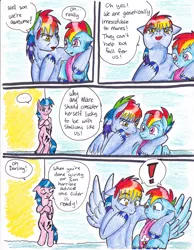 Size: 2552x3296 | Tagged: safe, artist:tristanjsolarez, derpibooru import, firefly, rainbow blaze, rainbow dash, pegasus, pony, comic:trans ponies, bipedal, clothes, colored pencil drawing, comic, crossed arms, crossed hooves, family, female, fireblaze, firefly as rainbow dash's mom, g1, g1 to g4, g4, generation leap, male, mare, rainbow dash's parents, scarf, shipping, stallion, straight, traditional art, transgender