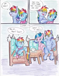 Size: 2552x3292 | Tagged: safe, artist:tristanjsolarez, derpibooru import, firefly, rainbow blaze, rainbow dash, pegasus, pony, comic:trans ponies, blue background, chair, clothes, colored pencil drawing, comic, couch, cup, family, female, fireblaze, firefly as rainbow dash's mom, g1, g1 to g4, g4, generation leap, male, mare, rainbow dash's parents, scarf, shipping, simple background, sitting, stallion, straight, table, teacup, traditional art, transgender, trio