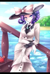 Size: 1000x1480 | Tagged: artist:elaphine, beautiful, clothes, costume, crab, derpibooru import, dress, ear piercing, earring, female, hat, human, humanized, jewelry, looking at you, ocean, piercing, ppov, raristocrat, rarity, rose dewitt bukater, safe, skuttles the crab, smiling, solo, titanic
