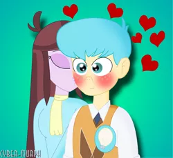 Size: 3408x3128 | Tagged: safe, artist:cyber-murph, derpibooru import, bright idea, velvet sky, equestria girls, background human, blushing, clothes, eyes closed, freckles, heart, kiss on the cheek, kissing, male, shipping, signature, skyidea, smooch, straight, techies