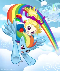 Size: 1101x1313 | Tagged: artist:j8d, cloud, cloudsdale, crossover, cute, derpibooru import, duo, flying, rainbow brite, rainbow dash, rainbow trail, safe, sky