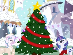 Size: 2048x1536 | Tagged: safe, artist:kindheart525, derpibooru import, oc, oc:primrose, oc:radiant jewel, unofficial characters only, kindverse, canterlot, christmas ornament, christmas tree, decoration, levitation, magic, offspring, parent:fancypants, parent:fleur-de-lis, parent:rarity, parents:fancyfleur, parents:raripants, smiling, snow, snowfall, telekinesis, tree, winter outfit