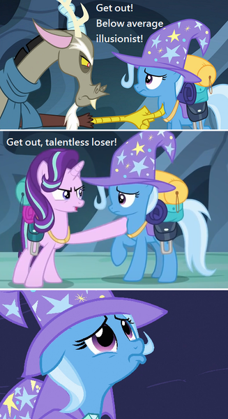 Size: 504x924 | Tagged: safe, derpibooru import, edit, edited screencap, screencap, discord, starlight glimmer, trixie, pony, unicorn, magic duel, to where and back again, angry, clothes, comic, female, frown, image macro, mare, meme, pouting, saddle bag, scarf, screencap comic, trixiebuse, unamused