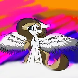 Size: 2000x2000 | Tagged: artist:brokensilence, bandage, clothes, cloud, derpibooru import, large wings, long mane, oc, oc:mira songheart, one eye closed, ponysona, safe, solo, sunset, unofficial characters only, wings