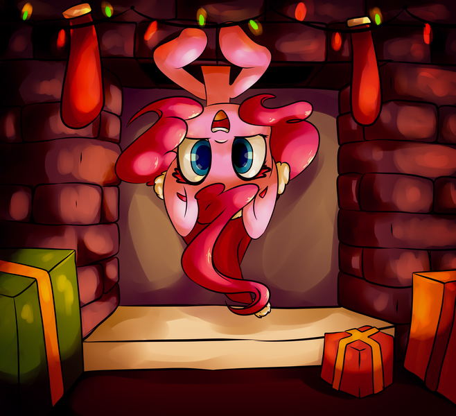 Size: 4500x4102 | Tagged: safe, artist:bloodatius, derpibooru import, pinkie pie, earth pony, pony, absurd resolution, chimney, christmas, christmas lights, christmas stocking, colored pupils, cute, diapinkes, fireplace, happy, hat, looking at you, open mouth, present, santa hat, smiling, solo, upside down