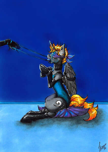 Size: 1738x2444 | Tagged: questionable, artist:stirren, derpibooru import, oc, oc:woon, unofficial characters only, alicorn, pony, alicorn oc, ballgag, blindfold, bondage, bondage cuffs, bondage gear, bound wings, clothes, collar, crossdressing, cuffs, domination, femdom, fetish, gag, horn ring, latex, magic suppression, male, malesub, muzzle, one-piece swimsuit, reins, sensory deprivation, stallion, submission, submissive, swimsuit, traditional art