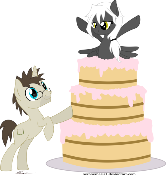 Size: 5359x5655 | Tagged: safe, artist:neronemesis1, derpibooru import, oc, oc:blank novel, oc:captain white, unofficial characters only, pegasus, pony, unicorn, absurd resolution, cake, female, food, male, mare, pop out cake, simple background, stallion, transparent background, whitenovel