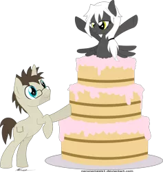 Size: 5359x5655 | Tagged: safe, artist:neronemesis1, derpibooru import, oc, oc:blank novel, oc:captain white, unofficial characters only, pegasus, pony, unicorn, absurd resolution, cake, female, food, male, mare, pop out cake, simple background, stallion, transparent background, whitenovel
