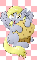 Size: 1200x1920 | Tagged: safe, artist:jerichoblt, derpibooru import, derpy hooves, pegasus, pony, female, food, giant muffin, mare, muffin, solo, spread wings, that pony sure does love muffins, tongue out