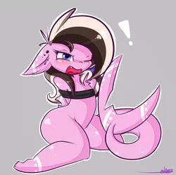 Size: 2055x2041 | Tagged: anthro, anthro oc, artist:ashee, blushing, bondage, chest fluff, derpibooru import, exclamation point, fangs, female, oc, oc:ashee, original species, safe, semi-anthro, shark, shark pony, shy, solo, tied up, unofficial characters only