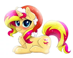 Size: 1503x1197 | Tagged: safe, artist:confetticakez, derpibooru import, sunset shimmer, pony, equestria girls, blushing, chest fluff, cute, hat, hnnng, looking at you, prone, pumkinroll is trying to murder us, santa hat, shimmerbetes, simple background, smiling, snow, solo, white background