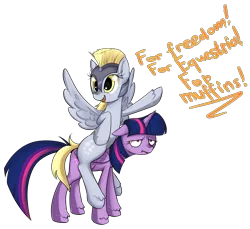 Size: 2000x1830 | Tagged: safe, artist:murzik-teijiro, derpibooru import, derpy hooves, twilight sparkle, twilight sparkle (alicorn), alicorn, pony, floppy ears, helmet, muffin, ponies riding ponies, simple background, spread wings, that pony sure does love muffins, transparent background, twilight is not amused, unamused, unshorn fetlocks