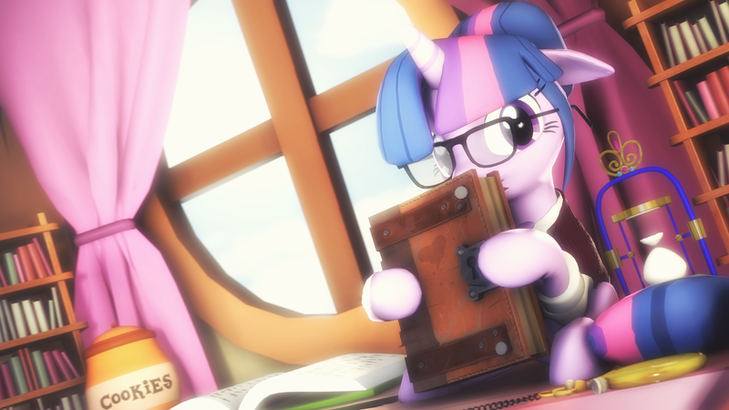 Size: 3840x2159 | Tagged: safe, artist:selestlight, derpibooru import, sci-twi, twilight sparkle, ponified, 3d, alternate hairstyle, book, bookhorse, bookshelf, cookie, cookie jar, cute, food, glasses, hourglass, solo, source filmmaker, window