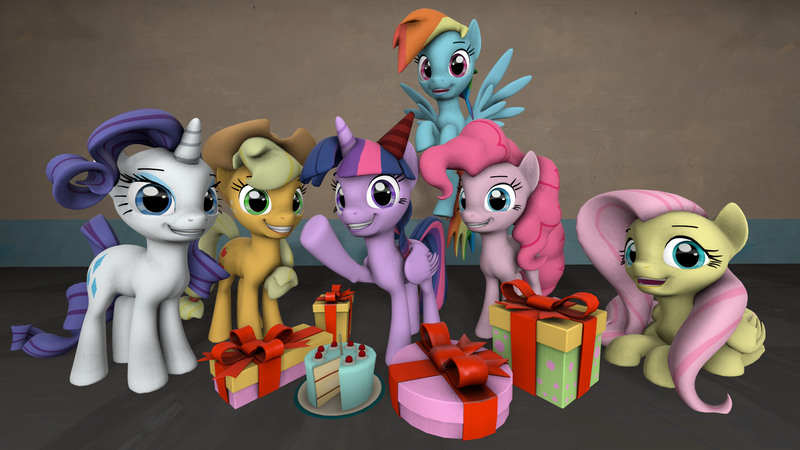 Size: 2560x1440 | Tagged: safe, artist:cjwong34, derpibooru import, applejack, fluttershy, pinkie pie, rainbow dash, rarity, twilight sparkle, twilight sparkle (alicorn), alicorn, pony, 3d, birthday cake, birthday present, cake, floating, food, hat, mane six, party hat, poster, smiling, source filmmaker