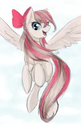 Size: 3300x5100 | Tagged: safe, artist:spiritofthwwolf, derpibooru import, angel wings, pegasus, pony, top bolt, bow, female, flying, hair bow, looking at you, mare, open mouth, smiling, solo