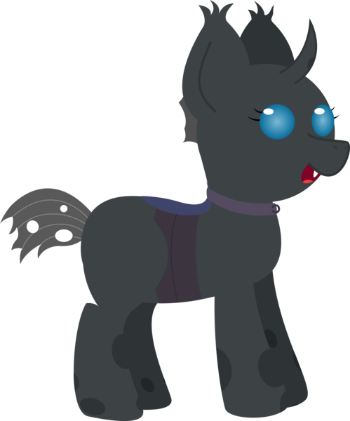 Size: 5248x6309 | Tagged: absurd resolution, artist:plone, changeling, changeling oc, collar, cuteling, derpibooru import, fangs, female, horn, oc, oc:kala'loa, open mouth, purple changeling, safe, simple background, smiling, solo, standing, transparent background, unofficial characters only, vector