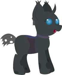 Size: 5248x6309 | Tagged: absurd resolution, artist:plone, changeling, changeling oc, collar, cuteling, derpibooru import, fangs, female, horn, oc, oc:kala'loa, open mouth, purple changeling, safe, simple background, smiling, solo, standing, transparent background, unofficial characters only, vector