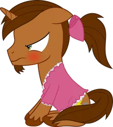 Size: 1000x1124 | Tagged: safe, artist:waveywaves, derpibooru import, oc, oc:coppercore, unofficial characters only, pony, angry, blushing, bow, clothes, crossdressing, dress, frilly dress, hair bow, male, simple background, solo, stallion, transparent background, unshorn fetlocks
