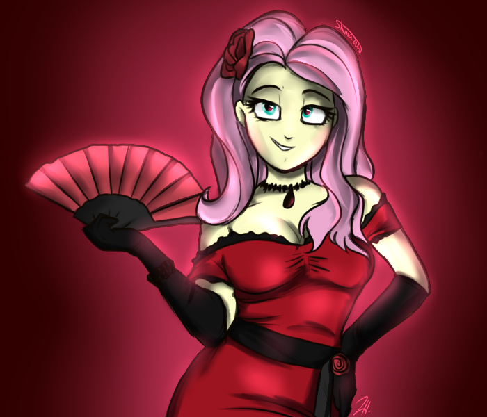 Size: 700x600 | Tagged: suggestive, artist:shimazun, derpibooru import, fluttershy, equestria girls, adorasexy, beautisexy, bedroom eyes, breasts, busty fluttershy, clothes, cute, dress, evening gloves, fan, female, flamenco, flower in hair, gloves, lidded eyes, sexy, shyabetes, solo, solo female