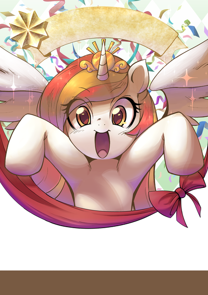 Size: 3541x5016 | Tagged: safe, artist:coma392, derpibooru import, oc, oc:poniko, unofficial characters only, alicorn, pony, alicorn oc, crown, cute, japan ponycon, jewelry, looking at you, ocbetes, open mouth, raised hoof, regalia, smiling, solo