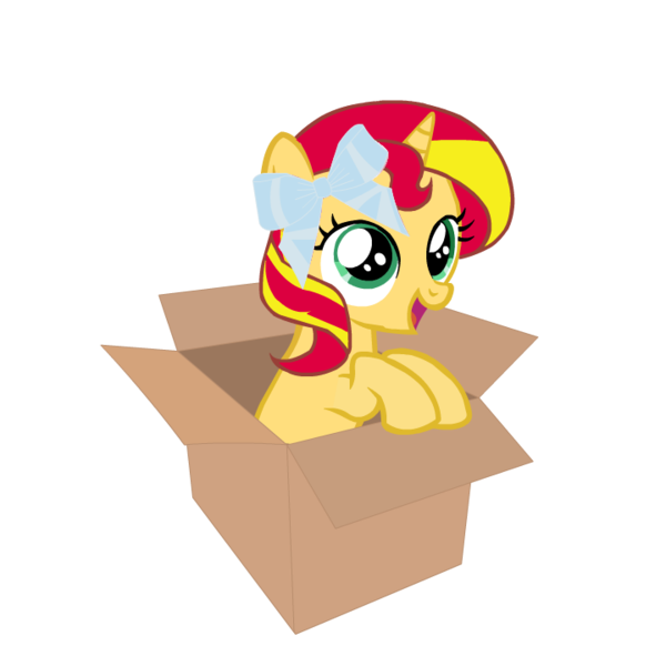 Size: 720x720 | Tagged: safe, artist:php30, derpibooru import, sunset shimmer, pony, unicorn, bow, box, cute, female, filly, filly sunset shimmer, hair bow, happy, if i fits i sits, mare, pony in a box, shimmerbetes, simple background, smiling, solo, transparent background, younger